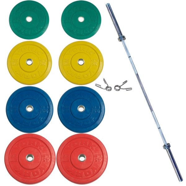 York Barbell Colored Rubber Training Set (2 x 45, 2 X 35, 4 X 25, 2 X 10 Lb.), 32110, pr. Spring Collars)