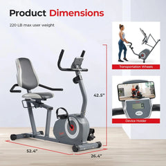 Sunny Health & Fitness Essentials Series Magnetic Smart Recumbent Bike with Exclusive SunnyFit® App Enhanced Bluetooth Connectivity SF-RB422003