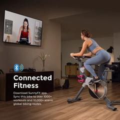 Sunny Health & Fitness Prime Magnetic Belt Drive Indoor Cycling Bike with Two Stage Transmission, Emergency Lever, and Exclusive SunnyFit® App Bluetooth Connectivity - SF-B122061